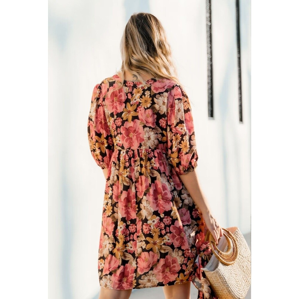 Cupshe Romantic Bouqet Floral Notched Neck Short Sleeve Mini Dress Size S - Picture 2 of 16